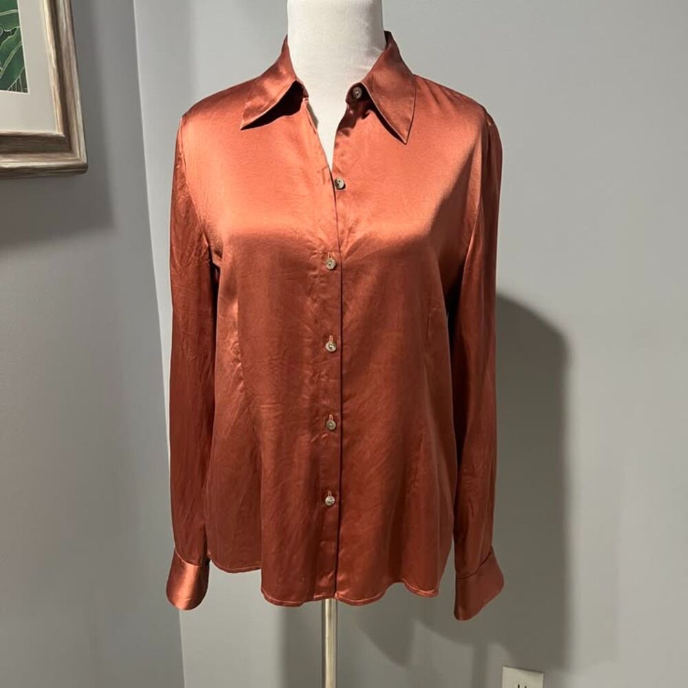 Caslon Rust Copper Pointed Collar Silk Long Sleeve Button-Down Blouse - Medium